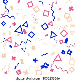 Memphis background.  Trendy background with different color figures for card or banner. Memphis background with figures of different forms and colors for your design. Vector texture.