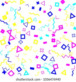 Memphis background.  Trendy background with different color figures for card or banner. Memphis background with figures of different forms and colors for your design. Vector texture.