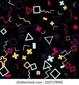 Memphis background.  Trendy background with different color figures for poster or print. Memphis background with figures of different forms and colors for your design. Vector texture.