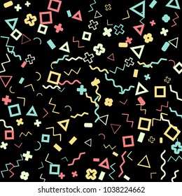 Memphis background.  Trendy background with different color figures for print or mobile application. Memphis background with figures of different forms and colors for your design. Vector texture.