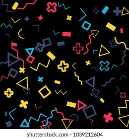 Memphis background.  Trendy background with different color figures for card or banner. Memphis background with figures of different forms and colors for your design. Vector texture.