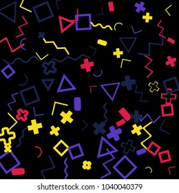 Memphis background.  Trendy background with different color figures for poster or print. Memphis background with figures of different forms and colors for your design. Vector texture.