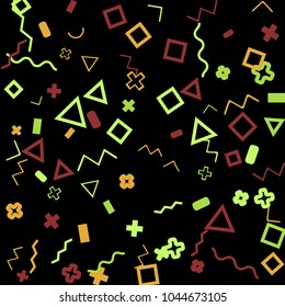 Memphis background.  Trendy background with different color figures for card or banner. Memphis background with figures of different forms and colors for your design. Vector texture.