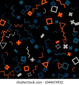 Memphis background.  Trendy background with different color figures for mobile application or poster. Memphis background with figures of different forms and colors for your design. Vector texture.
