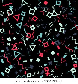 Memphis background.  Trendy background with different color figures for poster or print. Memphis background with figures of different forms and colors for your design. Vector texture.