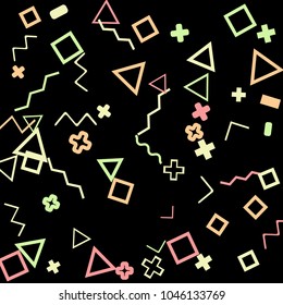 Memphis background.  Trendy background with different color figures for poster or print. Memphis background with figures of different forms and colors for your design. Vector texture.