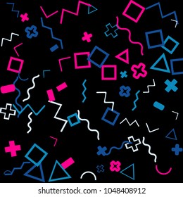 Memphis background.  Trendy background with different color figures for card or banner. Memphis background with figures of different forms and colors for your design. Vector texture.