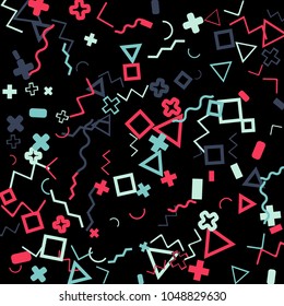 Memphis background.  Trendy background with different color figures for mobile application or poster. Memphis background with figures of different forms and colors for your design. Vector texture.