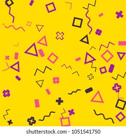Memphis background.  Trendy background with different  color figures for print or card. Abstract memphis background with geometric colorful figures for your design. Vector texture.