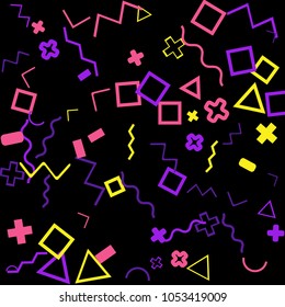Memphis background.  Trendy background with different color figures for mobile application or poster. Memphis background with figures of different forms and colors for your design. Vector texture.