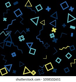 Memphis background.  Trendy background with different color figures for print or mobile application. Memphis background with figures of different forms and colors for your design. Vector texture.