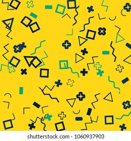 Memphis background.  Trendy background with different  color figures for poster or card. Abstract memphis background with geometric colorful figures for your design. Vector texture.