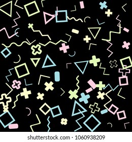 Memphis background.  Trendy background with different color figures for mobile application or poster. Memphis background with figures of different forms and colors for your design. Vector texture.