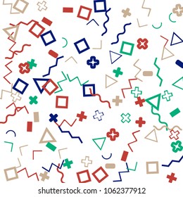 Memphis background.  Trendy background with different color figures for mobile application or poster. Memphis background with figures of different forms and colors for your design. Vector texture.