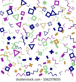 Memphis background.  Trendy background with different color figures for poster or print. Memphis background with figures of different forms and colors for your design. Vector texture.