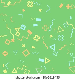 Memphis background.  Trendy background with different  color figures for poster or card. geometric colorful figures for your design. Vector texture.