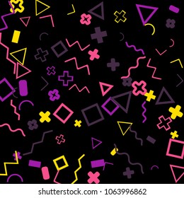 Memphis background.  Trendy background with different color figures for poster or print. Memphis background with figures of different forms and colors for your design. Vector texture.
