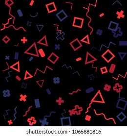 Memphis background.  Trendy background with different color figures for mobile application or poster. Memphis background with figures of different forms and colors for your design. Vector texture.