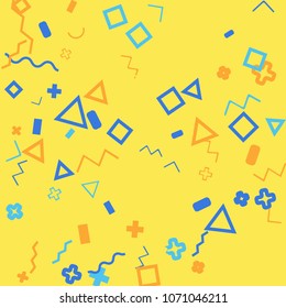 Memphis background.  Trendy background with different  color figures for print or card. Abstract memphis background with geometric colorful figures for your design. Vector texture.