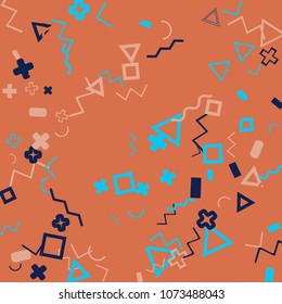 Memphis background.  Trendy background with different  color figures for poster or card. Abstract memphis background with geometric colorful figures for your design. Vector texture.