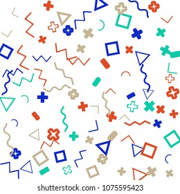Memphis background.  Trendy background with different color figures for print or mobile application. Memphis background with figures of different forms and colors for your design. Vector texture.