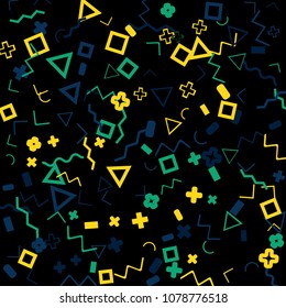 Memphis background.  Trendy background with different color figures for mobile application or poster. Memphis background with figures of different forms and colors for your design. Vector texture.