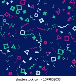 Memphis background.  Trendy background with different  color figures for print or card. Abstract memphis background with geometric colorful figures for your design. Vector texture.