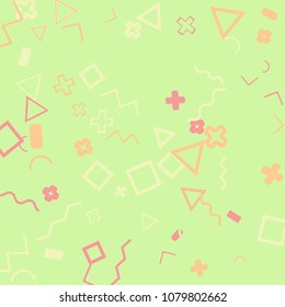 Memphis background.  Trendy background with different  color figures for poster or card. Abstract memphis background with geometric colorful figures for your design. Vector texture.
