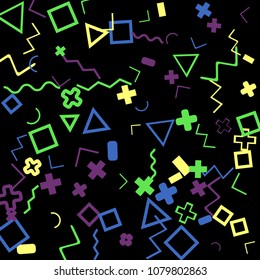 Memphis background.  Trendy background with different color figures for mobile application or poster. Memphis background with figures of different forms and colors for your design. Vector texture.