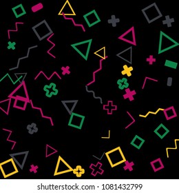 Memphis background.  Trendy background with different color figures for mobile application or poster. Memphis background with figures of different forms and colors for your design. Vector texture.