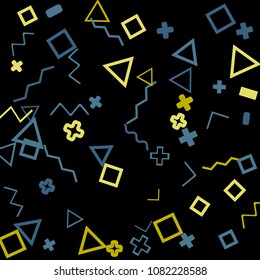Memphis background.  Trendy background with different color figures for print or mobile application. Memphis background with figures of different forms and colors for your design. Vector texture.