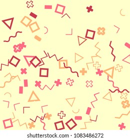 Memphis background.  Trendy background with different  color figures for poster or card. Abstract memphis background with geometric colorful figures for your design. Vector texture.