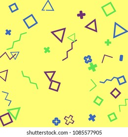 Memphis background.  Trendy background with different  color figures for poster or card. Abstract memphis background with geometric colorful figures for your design. Vector texture.