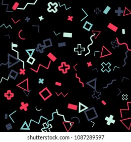 Memphis background.  Trendy background with different color figures for mobile application or poster. Memphis background with figures of different forms and colors for your design. Vector texture.