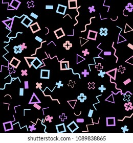 Memphis background.  Trendy background with different color figures for print or mobile application. Memphis background with figures of different forms and colors for your design. Vector texture.