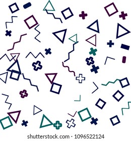 Memphis background.  Trendy background with different color figures for print or mobile application. Memphis background with figures of different forms and colors for your design. Vector texture.