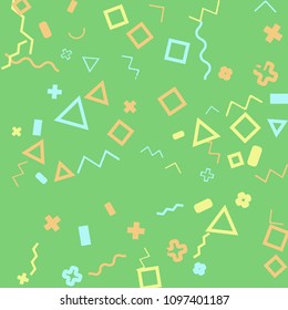 Memphis background.  Trendy background with different  color figures for poster or card. Abstract memphis background with geometric colorful figures for your design. Vector texture.