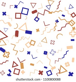 Memphis background.  Trendy background with different color figures for poster or print. Memphis background with figures of different forms and colors for your design. Vector texture.