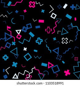 Memphis background.  Trendy background with different color figures for mobile application or poster. Memphis background with figures of different forms and colors for your design. Vector texture.
