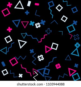 Memphis background.  Trendy background with different color figures for print or mobile application. Memphis background with figures of different forms and colors for your design. Vector texture.
