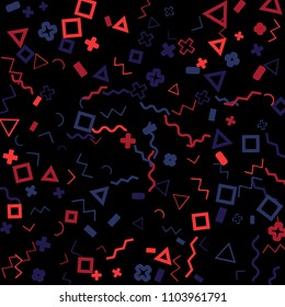 Memphis background.  Trendy background with different color figures for poster or print. Memphis background with figures of different forms and colors for your design. Vector texture.