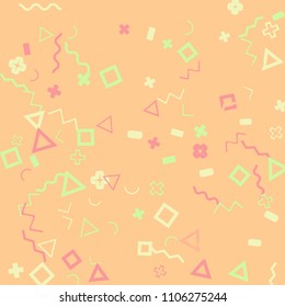 Memphis background.  Trendy background with different  color figures for poster or card. Abstract memphis background with geometric colorful figures for your design. Vector texture.