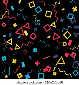 Memphis background.  Trendy background with different color figures for print or mobile application. Memphis background with figures of different forms and colors for your design. Vector texture.