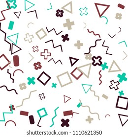 Memphis background.  Trendy background with different color figures for card or banner. Memphis background with figures of different forms and colors for your design. Vector texture.