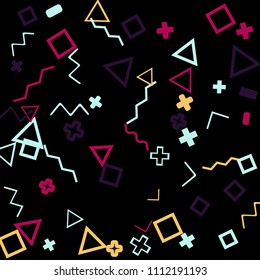 Memphis background.  Trendy background with different color figures for poster or print. Memphis background with figures of different forms and colors for your design. Vector texture.