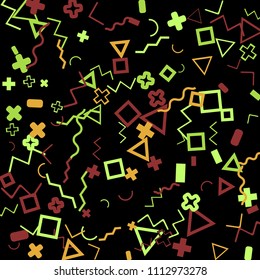 Memphis background.  Trendy background with different color figures for card or banner. Memphis background with figures of different forms and colors for your design. Vector texture.