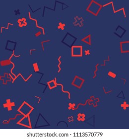 Memphis background.  Trendy background with different  color figures for card or banner. Abstract memphis background with geometric colorful figures for your design. Vector texture.