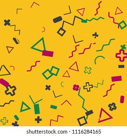 Memphis background.  Trendy background with different  color figures for print or card. Abstract memphis background with geometric colorful figures for your design. Vector texture.