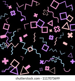 Memphis background.  Trendy background with different color figures for poster or print. Memphis background with figures of different forms and colors for your design. Vector texture.