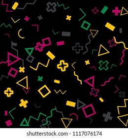 Memphis background.  Trendy background with different color figures for print or mobile application. Memphis background with figures of different forms and colors for your design. Vector texture.